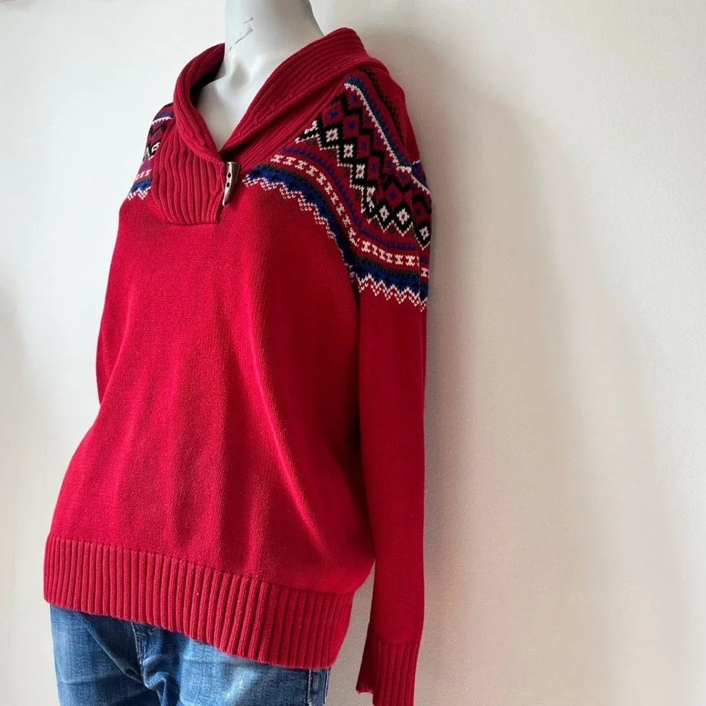 Lauren Ralph Lauren Red Fair Isle Shawl Neck Toggle Sweater L Cotton Mens
